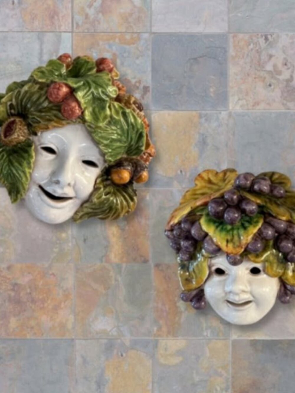 Vintage Italian Majolica Fruit Wall Masks Grapes Acorns Pottery PAIR